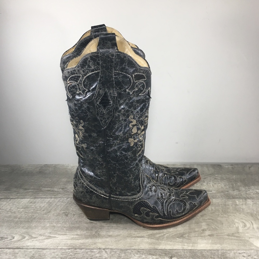Corral Vintage Lizard Inlay Snip Toe Cowboy Leather Western Women's Boots Size 9
